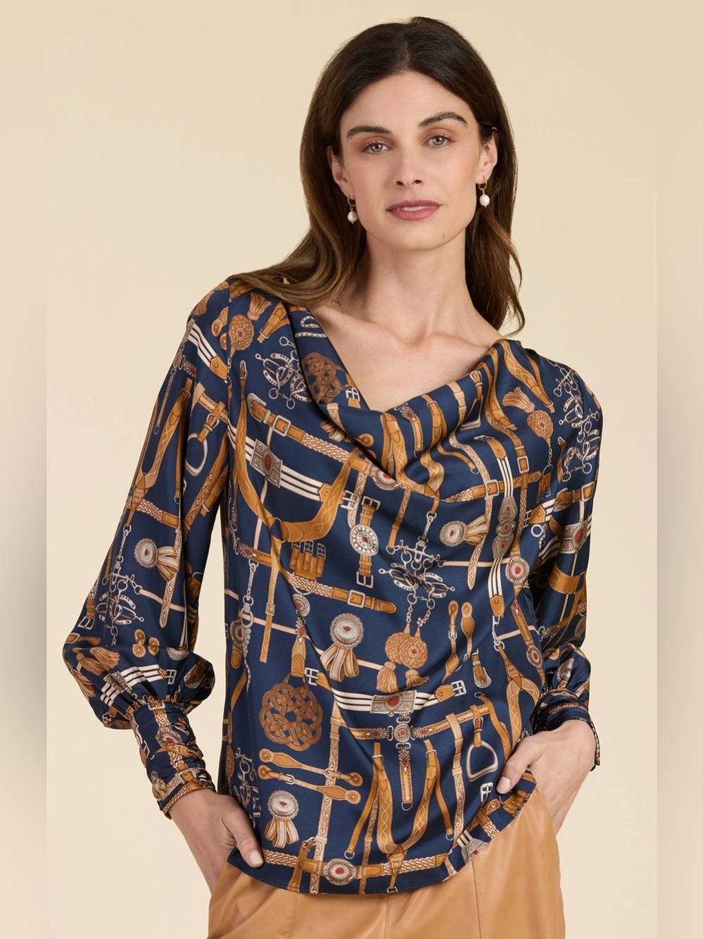 Tyler Boe Navy and Gold Printed Cowl Neck 100% Silk Blouse